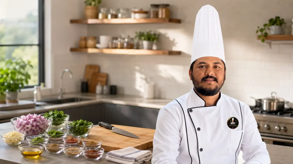 Chef Balram Khatiwada beside an organised mise en place workstation
