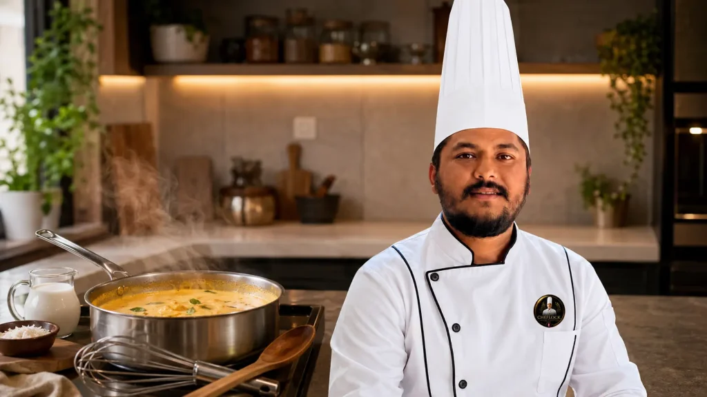 Chef Balram Khatiwada showing how to rescue a split curry sauce