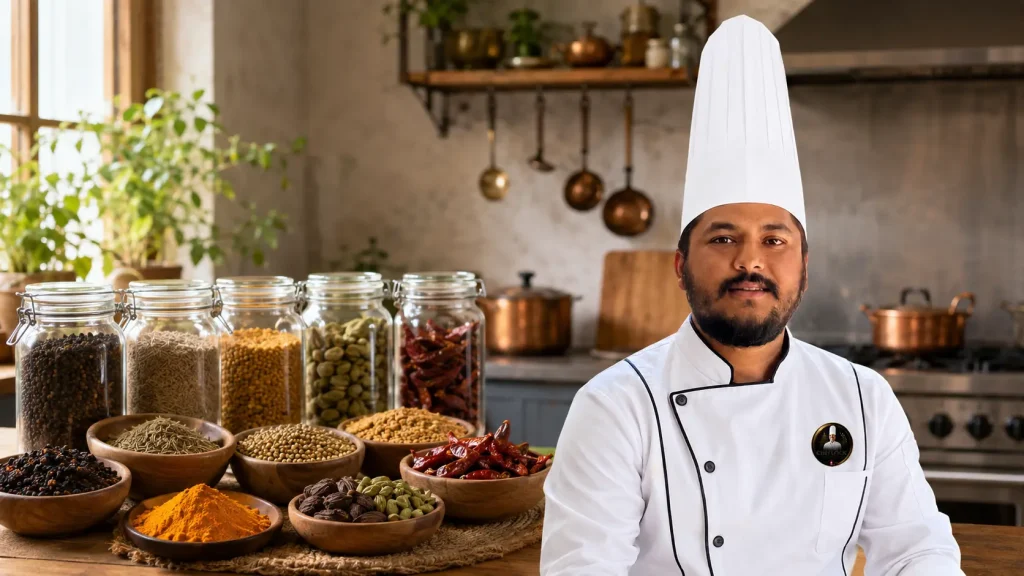 Chef Balram Khatiwada with a professional selection of Nepali spices
