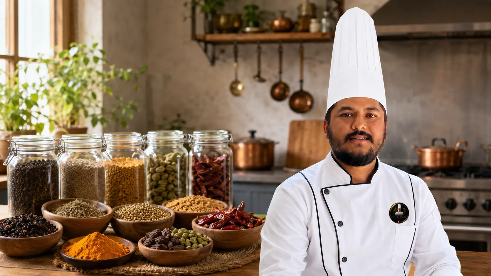 Chef Balram Khatiwada with a professional selection of Nepali spices