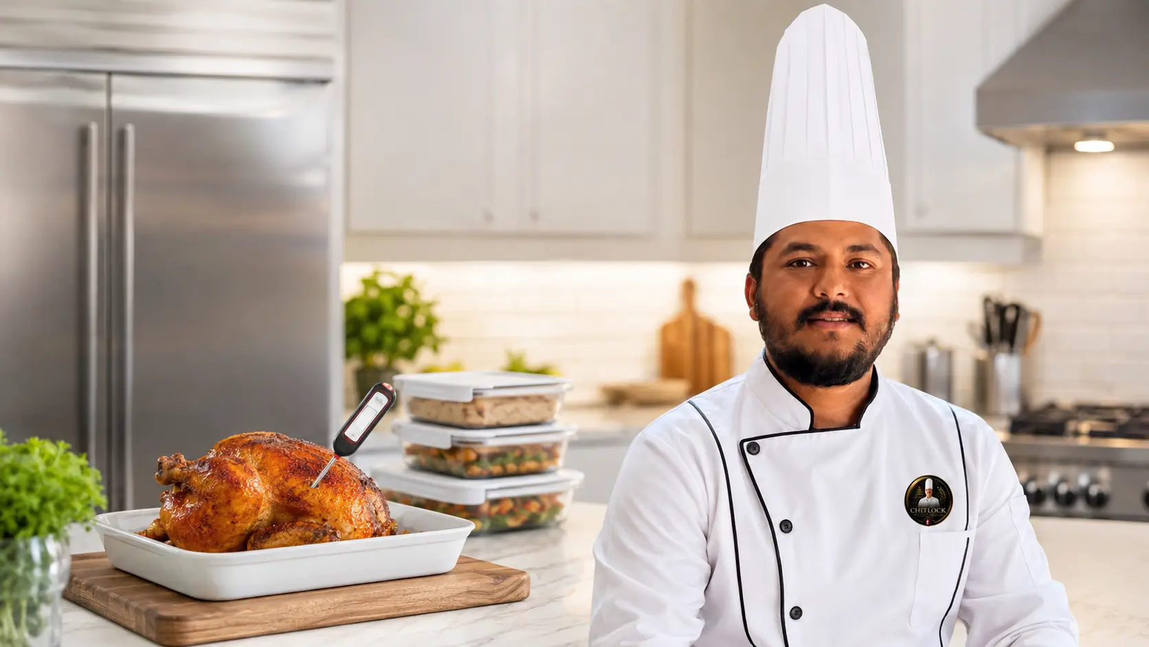 Chef Balram Khatiwada demonstrating safe chicken preparation with a food thermometer