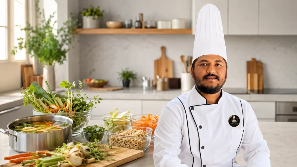 Chef Balram Khatiwada planning meals with useful leftover vegetables and ingredients