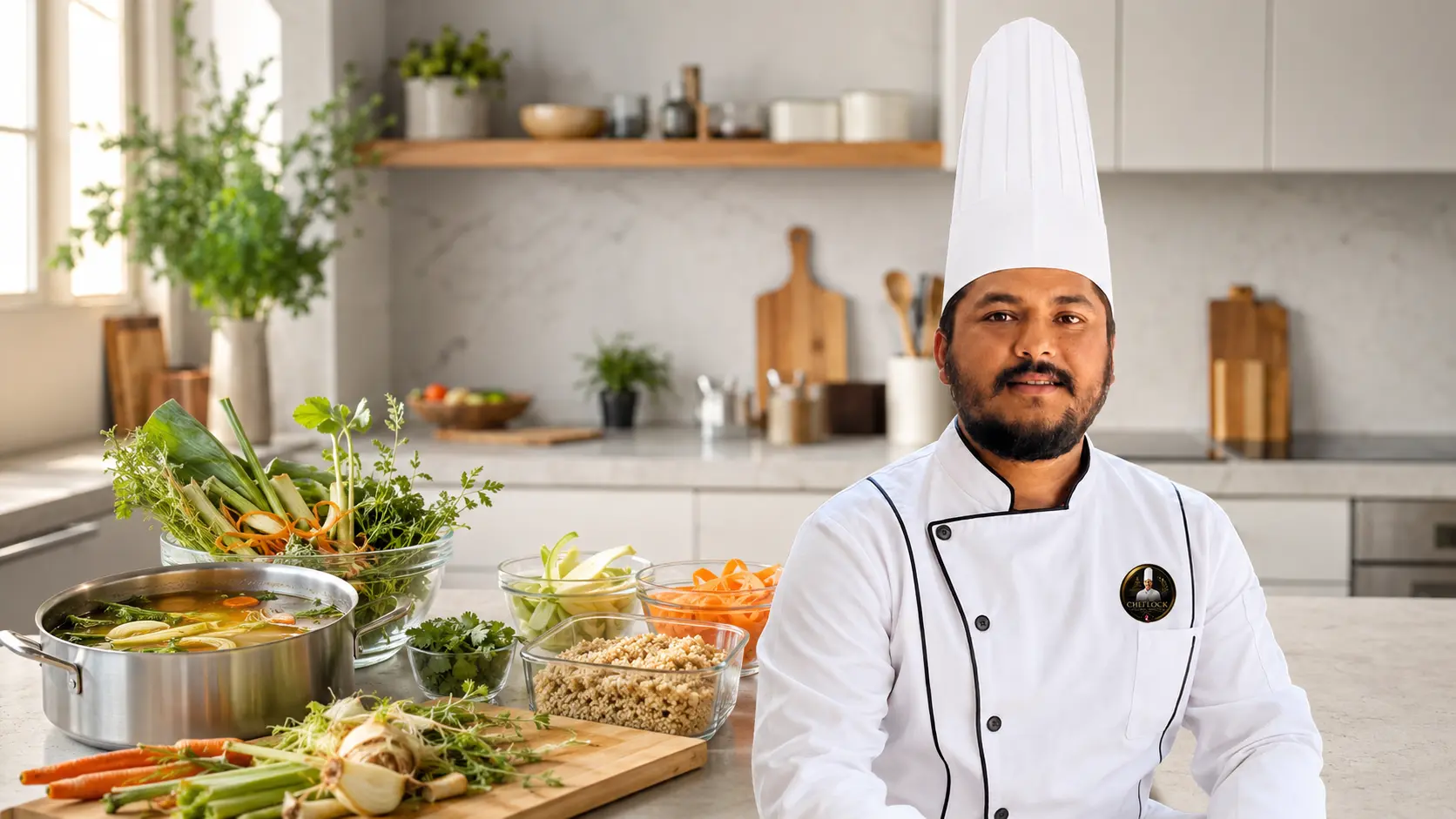 Chef Balram Khatiwada planning meals with useful leftover vegetables and ingredients