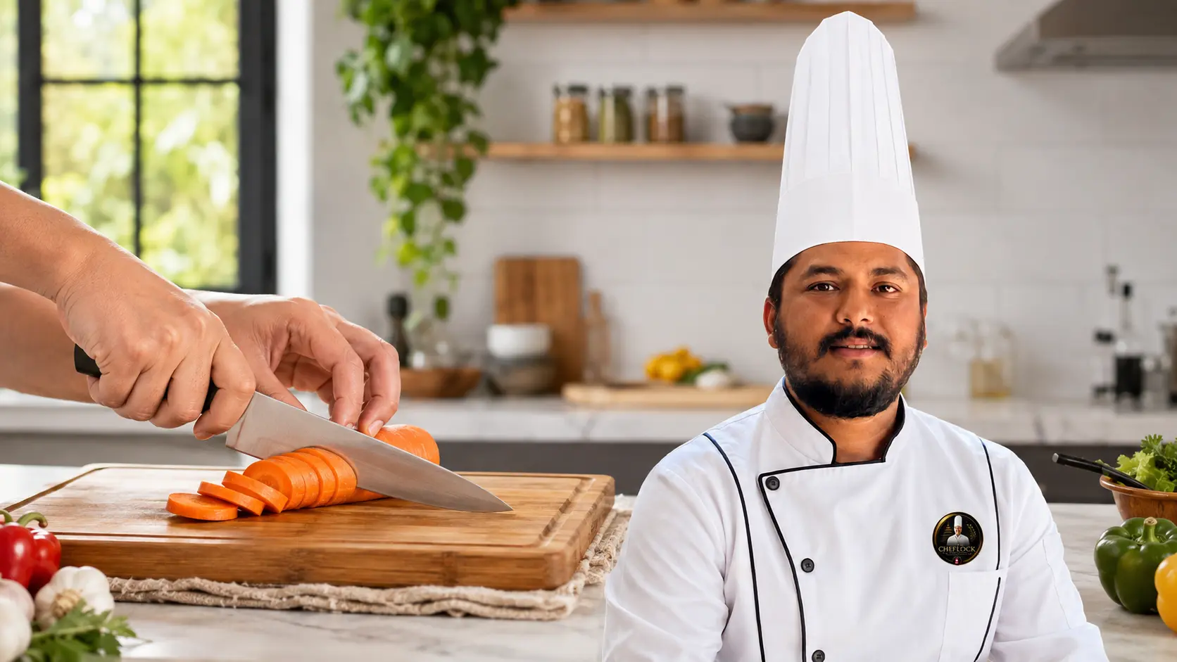 Chef Balram Khatiwada demonstrating safe professional knife skills