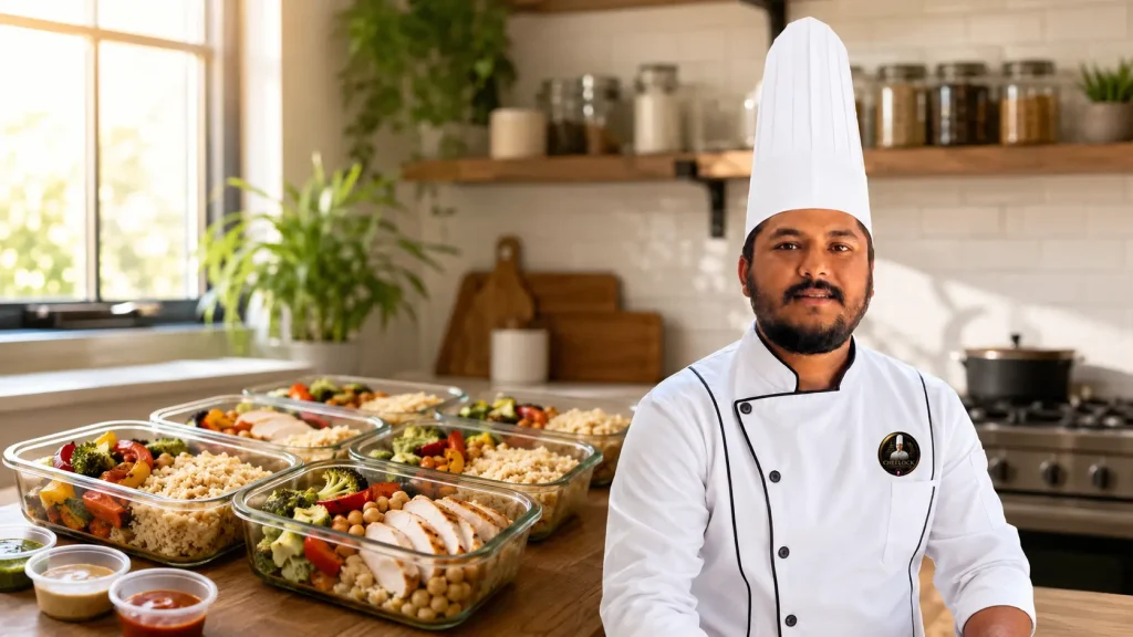 Chef Balram Khatiwada organising restaurant-style meal preparation at home