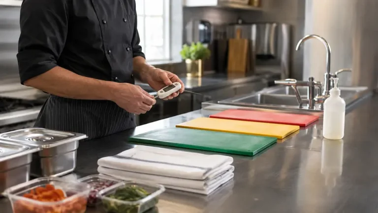 Chef checking food temperature at a clean colour-coded commercial kitchen workstation