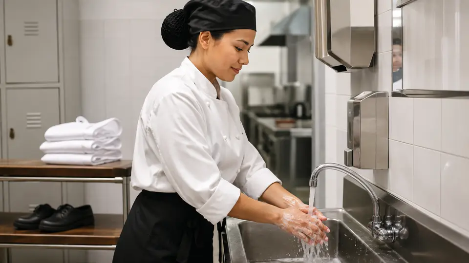 Professional chef in clean uniform washing hands beside an organised kitchen locker area
