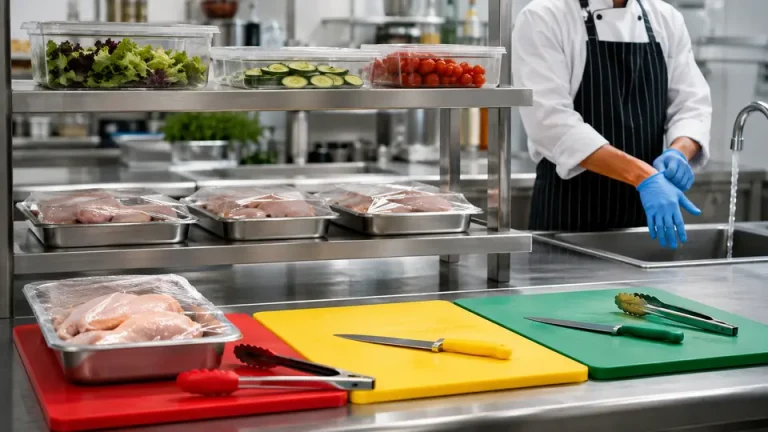 Separated raw and ready-to-eat food preparation with allergen-safe tools in a commercial kitchen