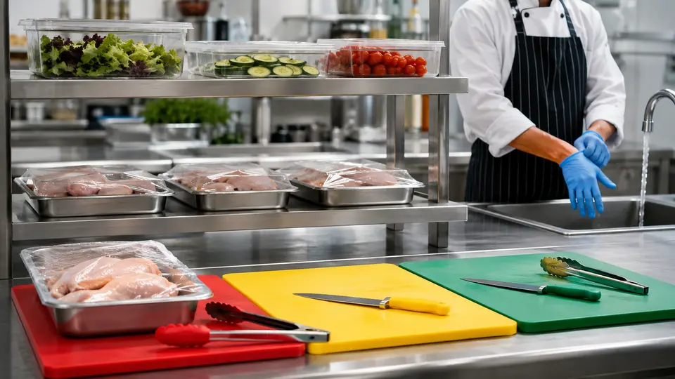 Separated raw and ready-to-eat food preparation with allergen-safe tools in a commercial kitchen