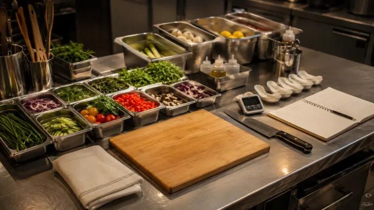 Chef arranging weighed ingredients and tools in a logical mise en place workstation