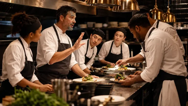 Coordinated chef brigade communicating clearly at a restaurant service pass