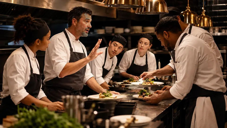 Coordinated chef brigade communicating clearly at a restaurant service pass