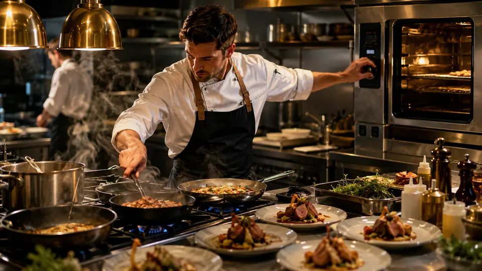 Chef managing pans oven timer and plated components during controlled restaurant service