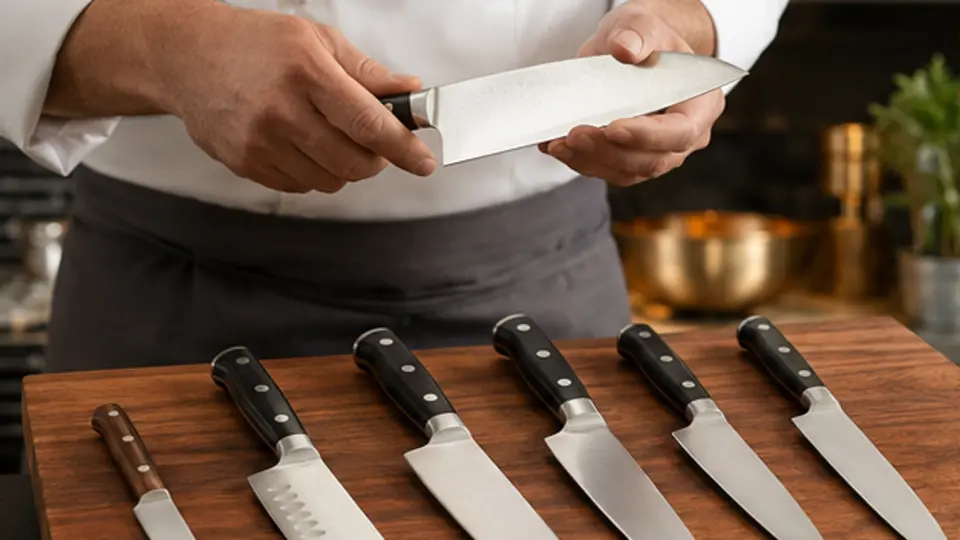 Chef comparing several professional kitchen knives safely on a wooden board