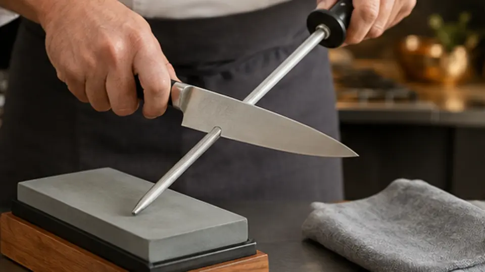 Chef carefully honing a kitchen knife beside a whetstone on a stable bench