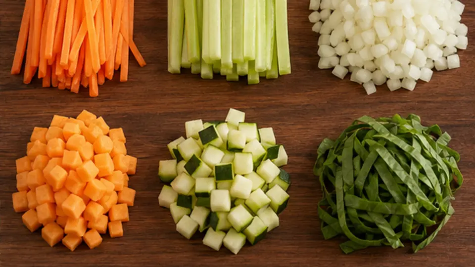 Neatly arranged julienne baton dice and chiffonade vegetable cuts on a chef board