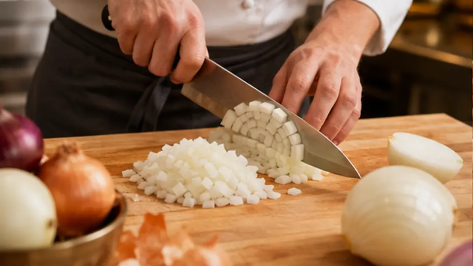 Chef professionally dicing onions with minimal clean trim and stable knife control