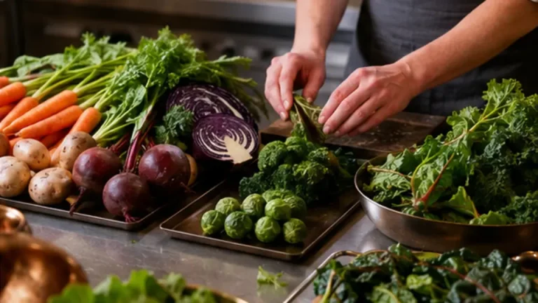 Chef preparing colourful root vegetables brassicas and leafy greens in separate clean areas