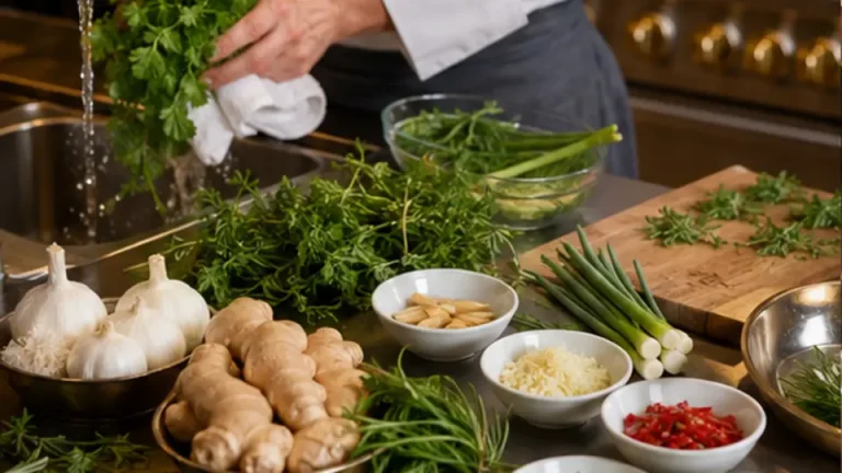 Fresh herbs garlic ginger and spices organised in small bowls at a professional prep station