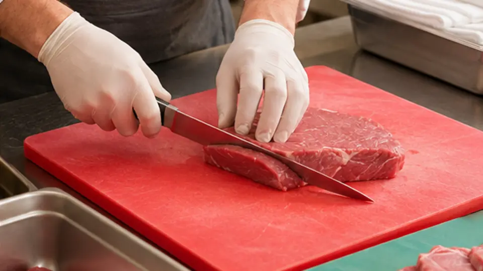 Chef safely portioning raw meat on a dedicated colour-coded commercial kitchen board