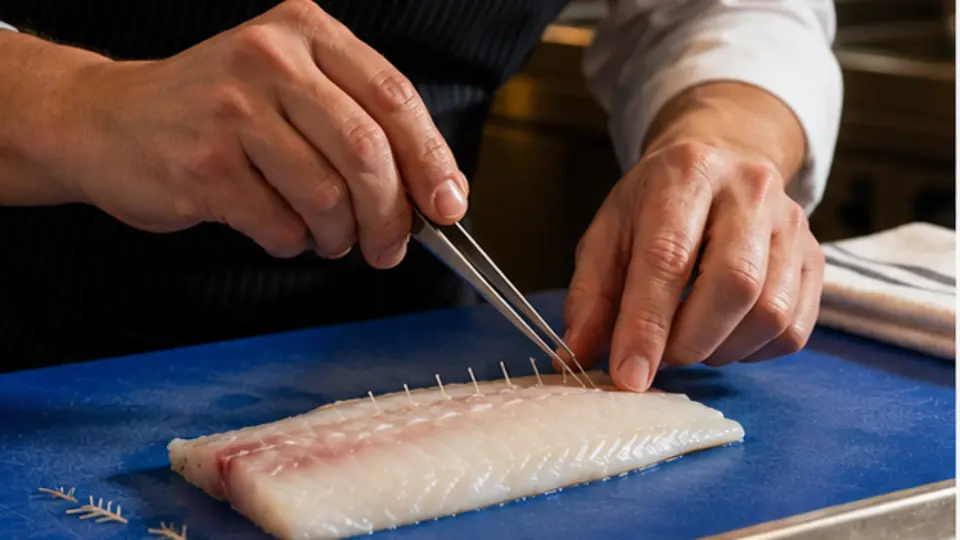 Chef removing pin bones from a fresh fish fillet on a clean blue preparation board