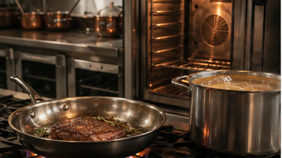 Commercial stove oven and simmering pot illustrating conduction convection and radiant cooking heat