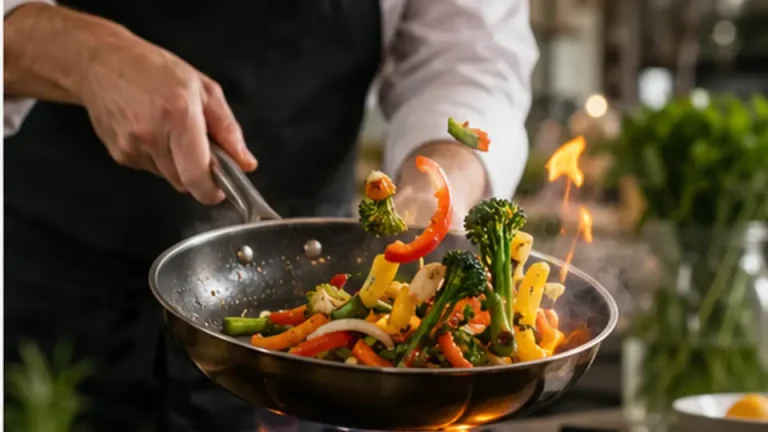 Chef stir-frying colourful vegetables in a hot pan with controlled flame