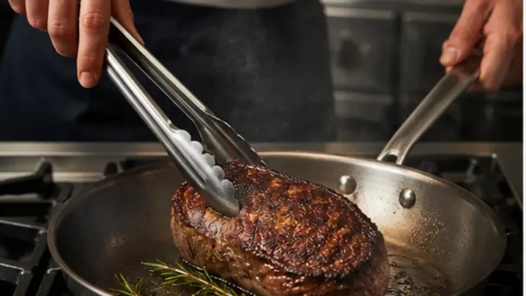 Steak developing an even brown crust in a stainless pan with chef using tongs