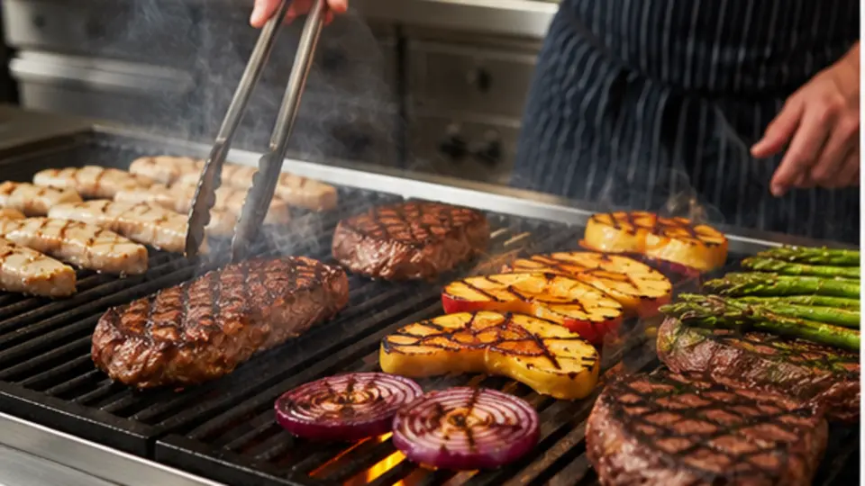 Chef grilling meat and vegetables across organised hot and cooler heat zones