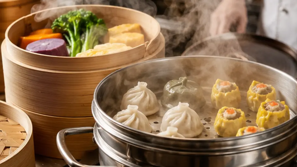 Bamboo and stainless steamers holding colourful vegetables and delicate dumplings