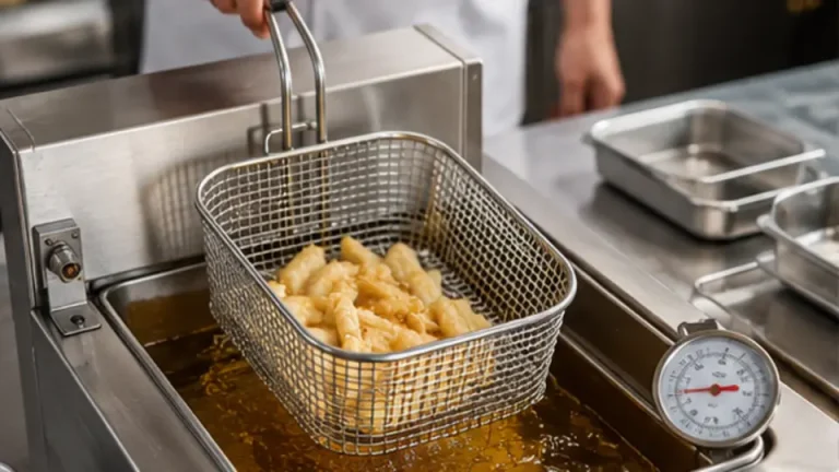 Chef lowering a fryer basket carefully into clean oil with thermometer and tidy station