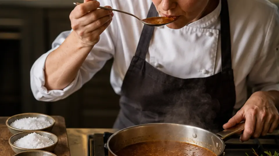 Chef tasting a sauce beside measured seasoning at a professional stove