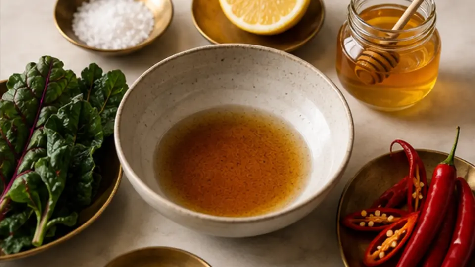 Salt lemon honey bitter greens and chilli arranged around a professional tasting bowl