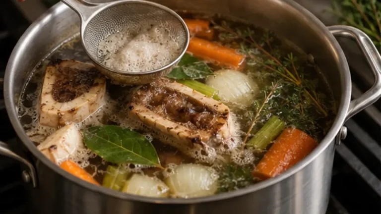 Chef skimming a gently simmering stockpot with bones vegetables and herbs