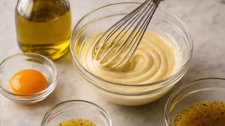 Chef whisking glossy mayonnaise and vinaigrette beside oil and egg yolk