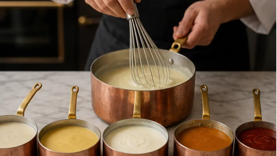 Five refined classical sauce samples with a chef whisking a pale roux sauce
