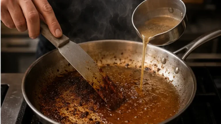 Chef deglazing browned pan fond and reducing it into a glossy sauce