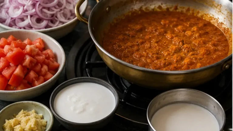 Onions tomatoes yogurt coconut and spices arranged around a simmering professional curry base