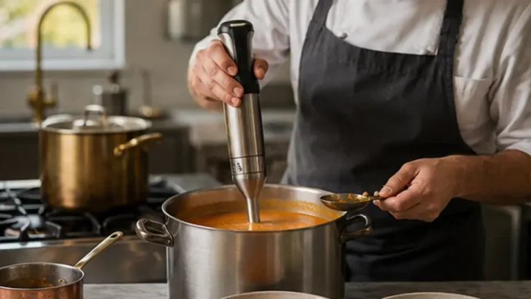 Chef blending and tasting refined clear chunky and smooth soup textures