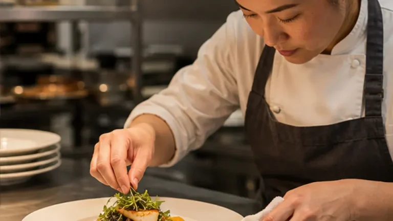 Chef carefully plating a restaurant dish and checking the rim at the pass