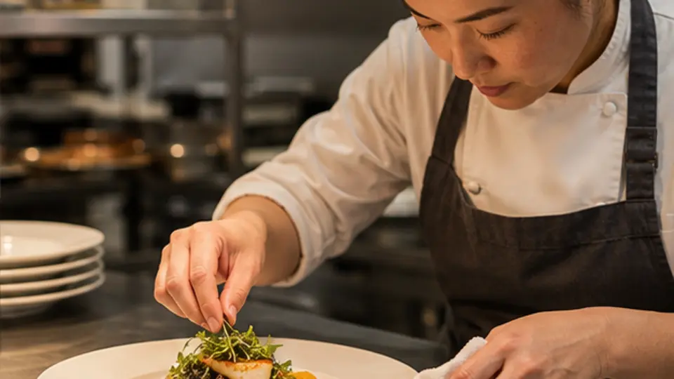 Chef carefully plating a restaurant dish and checking the rim at the pass