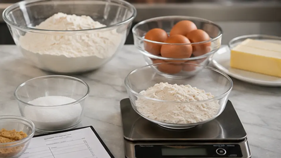 Digital scale flour eggs butter and precise ingredient bowls at a pastry station