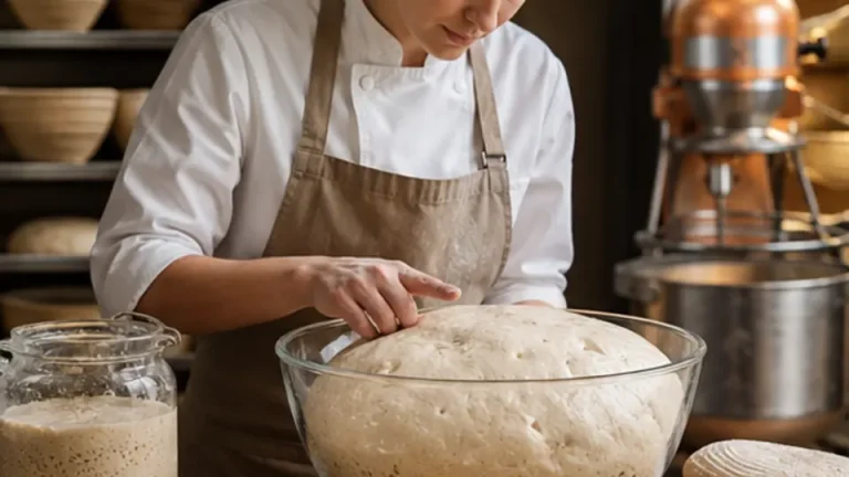 Baker checking risen yeast dough beside shaped loaves in a professional bakery