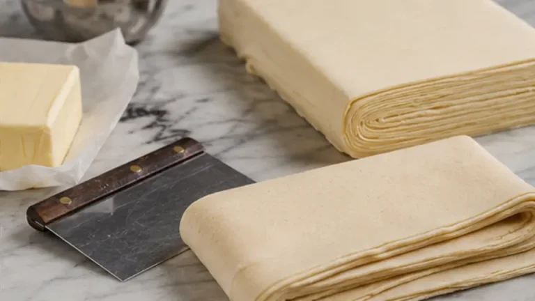 Laminated puff pastry and shortcrust tools on a cool marble pastry bench