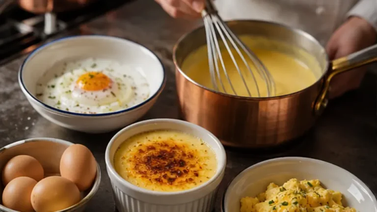 Soft eggs custard and hollandaise being cooked with controlled gentle heat