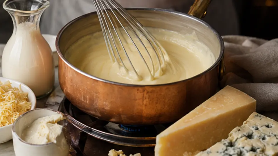 Chef whisking a smooth cream and cheese sauce over gentle heat