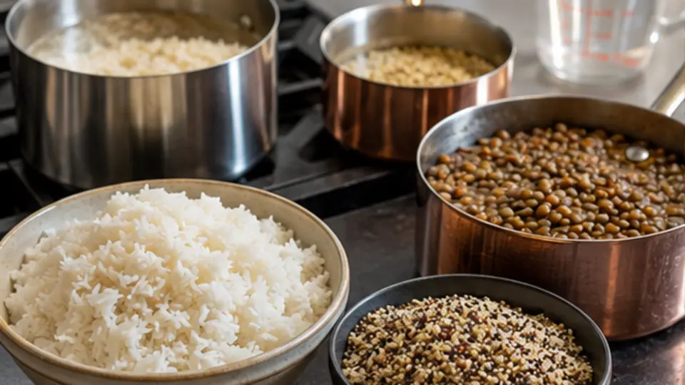 Separate pots and bowls of fluffy rice quinoa and tender lentils with measured water