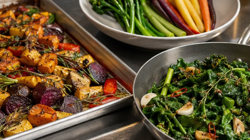 Seasonal vegetables blanched roasted and sauteed with vivid professional finish