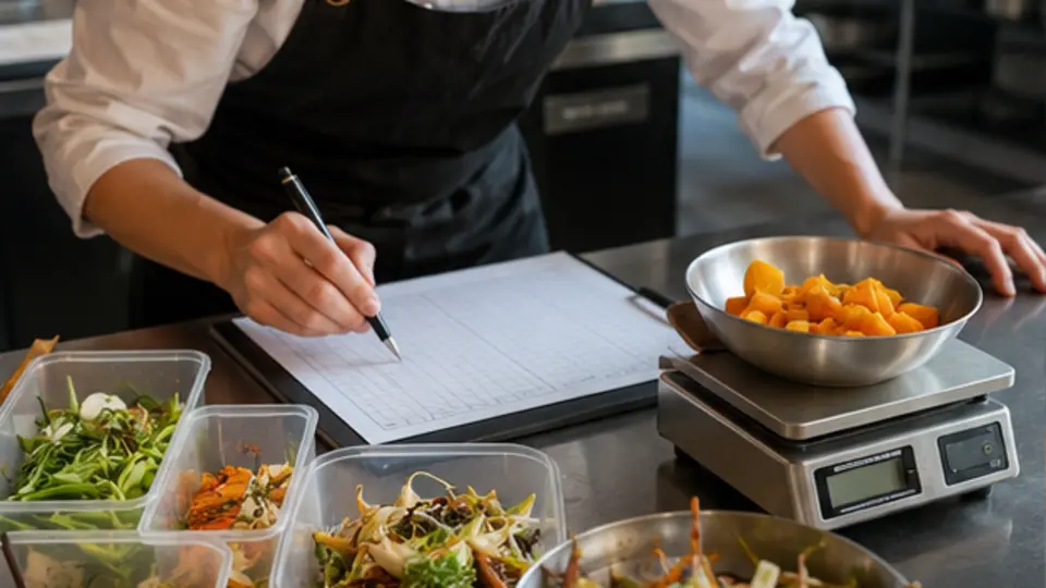 Chef reviewing portion costs beside weighed ingredients and useful trim containers