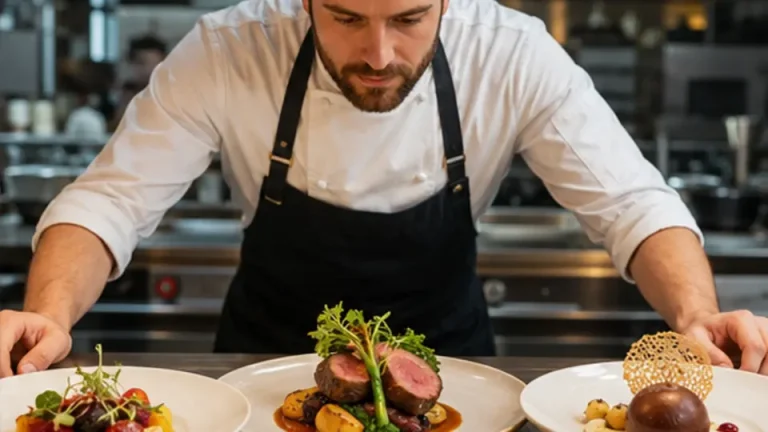 Confident chef coordinating a complete three-course meal at a restaurant pass
